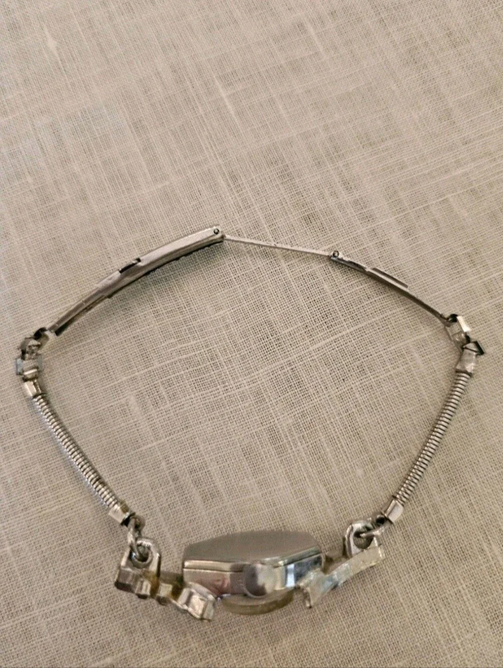Vintage 40s Cort Art Deco Watch Rhinestone Silver Metal Band Mechanical Mvt Runs